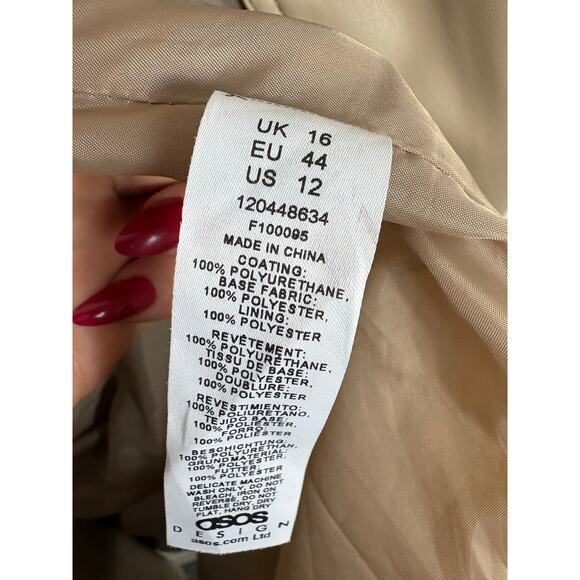 ASOS DESIGN Tan Faux Leather Trench Coat Size 12 Long Preppy Chic Minimalist - Picture 7 of 15